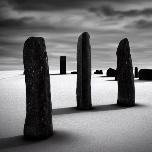 Prompt: a robed human figure stands among the neolithic standing stones of stenness, black and white, grainy, snow, brooding clouds, matte painting, concept art, 4k -W 1280