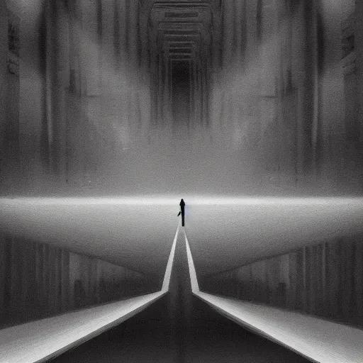 Image similar to a solemn simulacrum, standing inside an infinite corridor, trending on artstation, abstract black and white painting, masterpiece