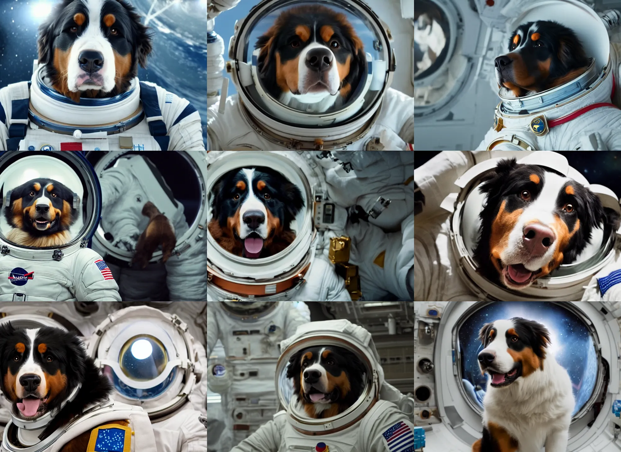 Prompt: film still of anthropomorphic anthropomorphic bernese mountain dog as astronaut in interstellar, 4 k