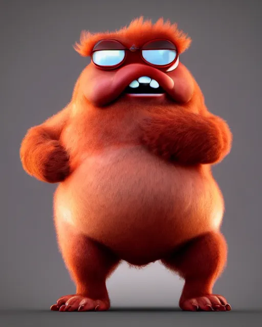 Image similar to 3 d render of completely red hairy friendly antropomorphic chubby cartoony creature wearing chrome shades, without nose, full body, in the style of pixar, simple, cute, white background, unreal engine 5, octane render, highly detailed hdr