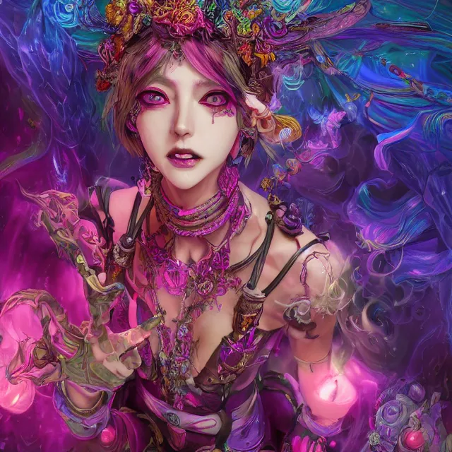 Image similar to the portrait of chaotic evil fallen sensual colorful female necromancer overlord as absurdly beautiful, gorgeous, young idol, an ultrafine hyperdetailed illustration by kim jung gi, irakli nadar, intricate linework, bright colors, octopath traveler, final fantasy, unreal engine 5 highly rendered, global illumination, radiant light, detailed and intricate environment