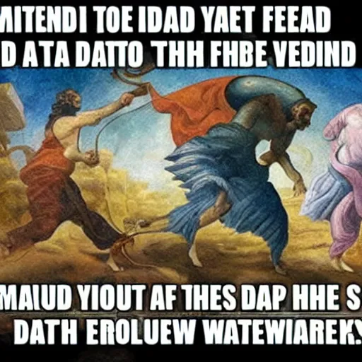 Prompt: surreal meme from the year 10,000 A.D. to feed to the dataplex, biblically accurate