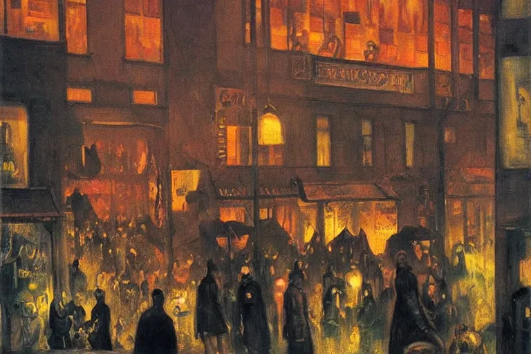 Image similar to dream festival in a city, low angle view from a city street lined with shops and apartments, glowing street signs, revelers playing games and shopping at a night market, oil painting by edvard munch, beksinski, chiaroscuro, baroque