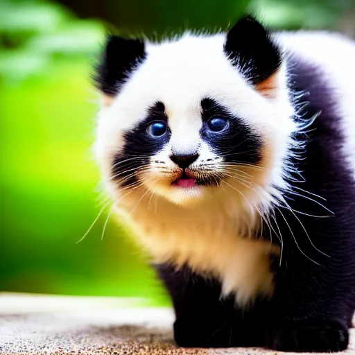 Image similar to cute kitten with panda body and cat face, in the garden in front of a house, highly detailed, sharp focus, photo taken by nikon, 4 k