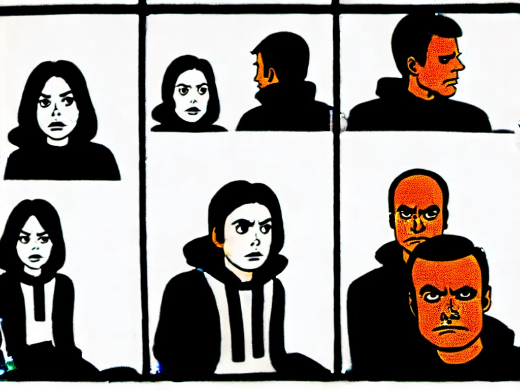 Image similar to a single comic panel by Daniel Clowes, 3/4 low angle view wide shot of two people sitting in an empty Chicago subway train, in front of windows: a sad Aubrey Plaza in a parka and a friendly Mads Mikkelsen in a suit