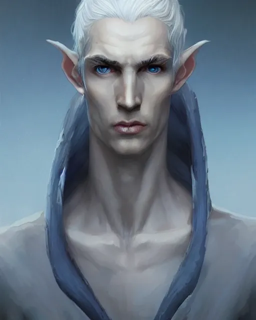 Prompt: character portrait of a slender half elven man with white hair, piercing blue eyes, and pale bluish skin, by greg rutkowski, mark brookes, jim burns, tom bagshaw, trending on artstation