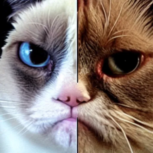 Image similar to top half of image is grumpy cat down to his nose, bottom half of image is a picture of person smiling from the nose down