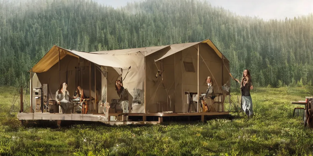 Prompt: cabela's outdoors popup micro - compact modular home, quick assembly, utilitarian, glamping, airbnb, person in foreground, cliffside mountainous forested wilderness open fields, beautiful views, photorealistic painterly advertising concept art, sharp focus, joanna gaines, farmhouse, magnolia, architectural concept art painting