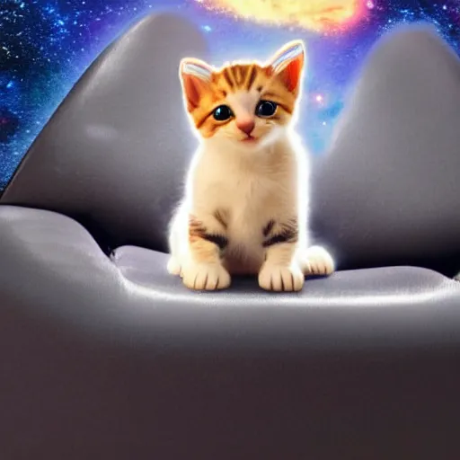 Image similar to a kitten with a cape floating through galaxies of space on a recliner chair