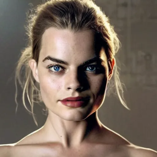 Image similar to a woman who is a genetic combination of margot robbie and emma watson face and upper - body focus