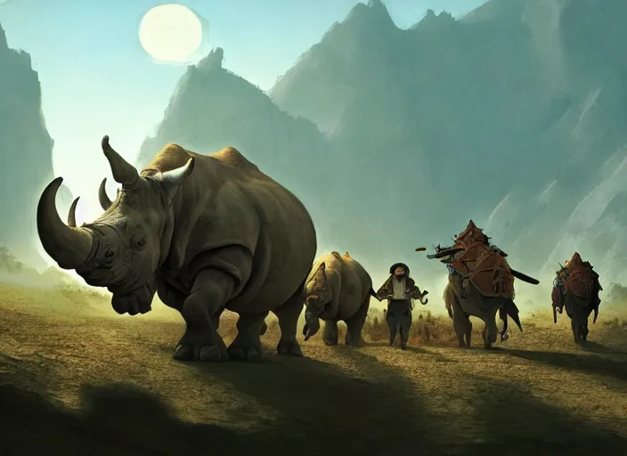 Prompt: the big large expedition with a lot of explores, warriors and adventurers, being brought by gigantic rhinos carrying stuff towards the desert of duhnes medium shot, studio ghibli animation, anime key art by craig mullins, bloom, dramatic lighting