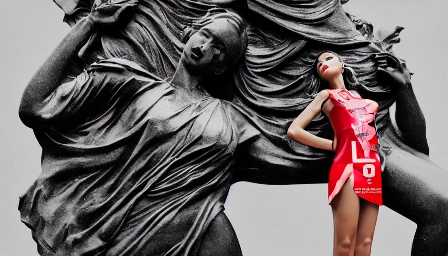 Image similar to billboard advertisement of extremely beautiful female black marble statue in the style of virgil abloh, colorful motocross logos behind her, sharp focus, clear, detailed,, cinematic, detailed, off white, glamourous, symmetrical, vogue, editorial, fashion, magazine shoot, glossy