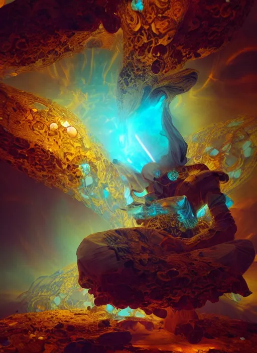 Image similar to flowers within the whole infinite capsule apparent with awe the apparition, an idea seep's into infinity highly detailed in volumetric latent space, golden turquoise steampunk, high contrast cinematic light, mystical shadows, sharp focus, divine realm of gods, octane render, artist by boris vallejo,