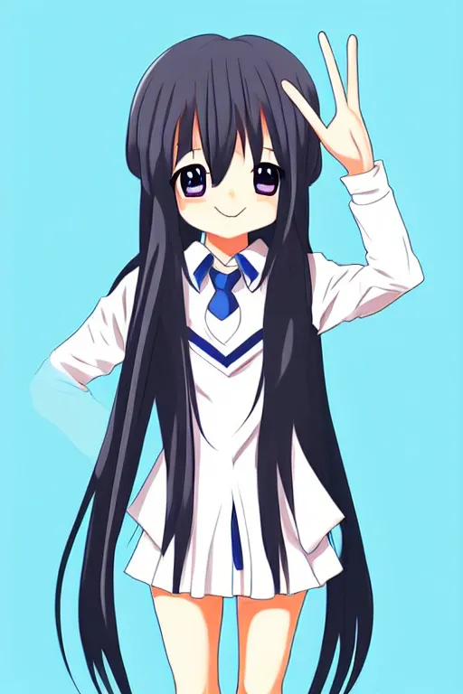 Image similar to full body anime portrait of a cute android girl round eyes long hair dressed in a school uniform inside the school, peace sign, stunning, highly detailed, anatomically correct