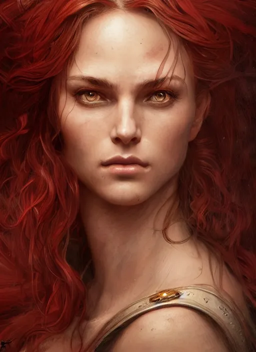 Image similar to vertical portrait of a ruggedly handsome female cleric, soft hair, close - up face, leather, witchy, d & d, fantasy, intricate, elegant, highly detailed, digital painting, artstation, concept art, smooth, sharp focus, illustration, art by artgerm and greg rutkowski and alphonse mucha, plain red background