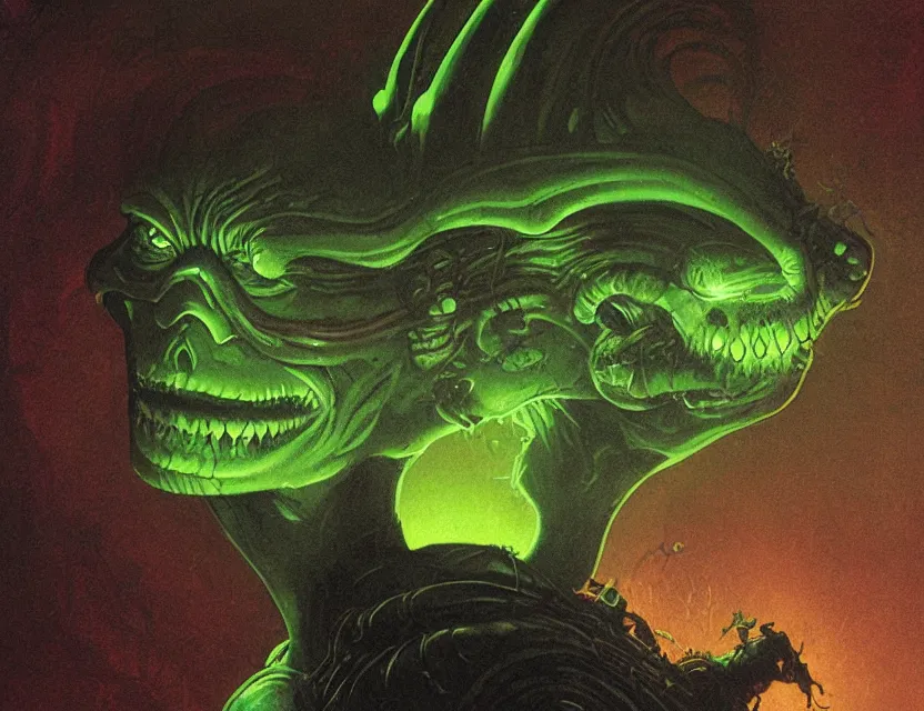 Image similar to a close - up view portrait of a silhouetted supernatural goblin in brutalist halls with metallic alien technology. close - up view, detailed textures. glowing green purple fog, dark black background. highly detailed fantasy science fiction painting by moebius, norman rockwell, frank frazetta, and syd mead. rich colors, high contrast