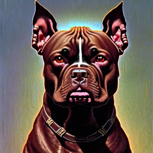 Prompt: cinematic portrait of a deep brown american staffy version of the incredible hulk, only head and chest, intricate, desaturated, tim hildebrandt, wayne barlowe, bruce pennington, donato giancola, larry elmore, maxfield parrish, moebius, thomas ehretsmann, oil on canvas, gouache painting, masterpiece, trending on artstation, cinematic composition