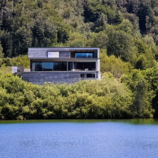 Prompt: a modern house in a national park, there is a lake next to it, landscape