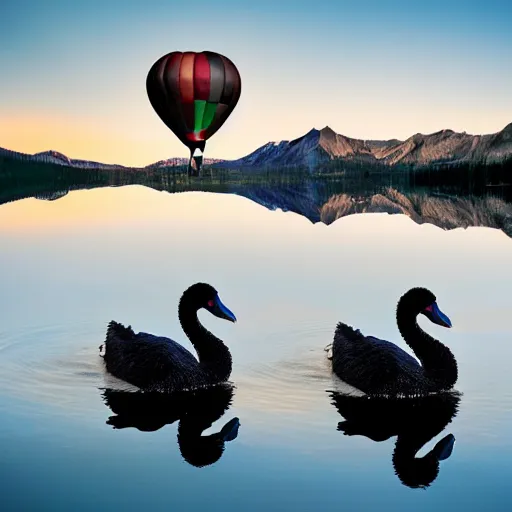 Image similar to photo of two black swans touching heads in a beautiful reflective mountain lake, a colorful hot air balloon is flying above reflecting off water, hot air balloon, intricate, 8k highly professionally detailed, centered, HDR, CGsociety