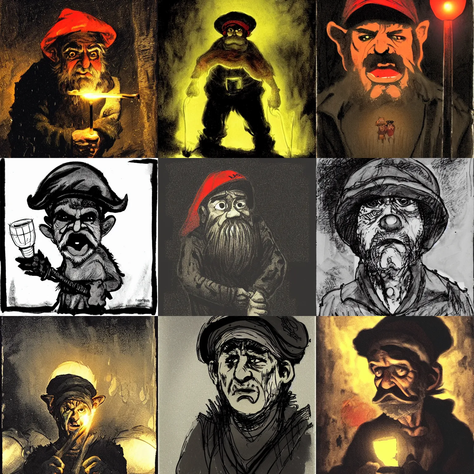 Prompt: an angry, grimy, dirty, grumpy [ old ], miner elf ( with red hat and a glowing latern ) in a pitch black mine, looks into the camera. angry kubrick stare, low key lighting, high contrast, theatrical, fairy tale illustration, character concept art by goya and rembrrandt