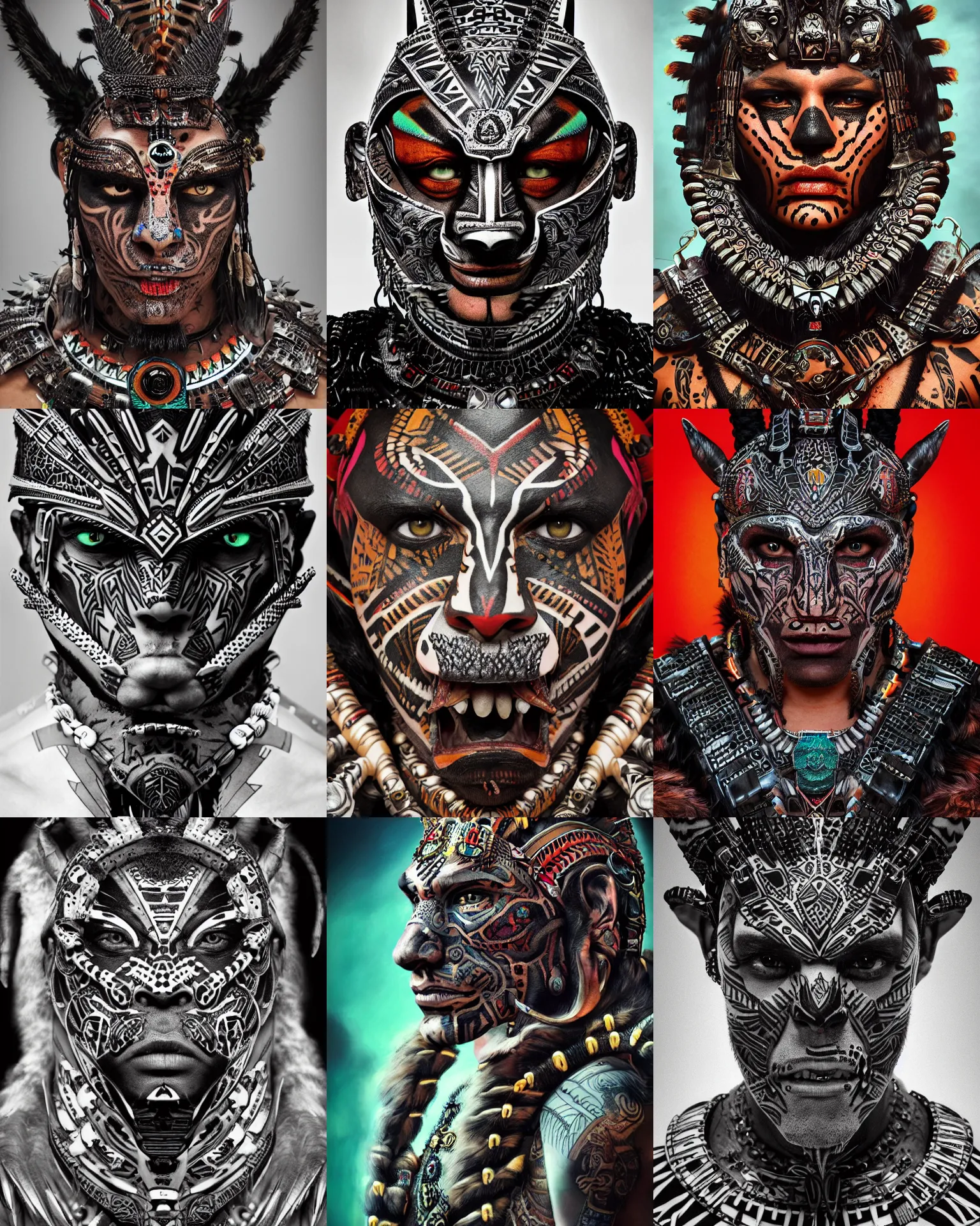 Prompt: editorial photo portrait of aztec jaguar warrior with glowing tribal futuristic tattoos on face, warrior body, photo by mario testino, cinematic, hyper detailed, micro details, insanely detailed, trending on artstation, concept art, insanely detailed and intricate