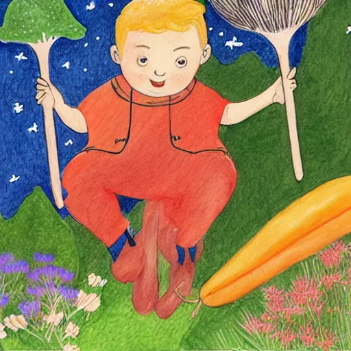 Prompt: “a prince and a gardener flying on a giant carrot, above a forest and princesses kingdom, childrens book illustration, pencil and watercolour”