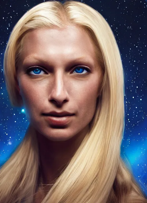 Image similar to closeup portrait of a blonde alien plejaren woman inside a spaceship wearing a space uniform, depth of field, zeiss lens, detailed, symmetrical, centered, fashion photoshoot, by annie leibovitz and steve mccurry, david lazar, jimmy nelsson, breathtaking, 8 k resolution, extremely detailed, beautiful, establishing shot, artistic, hyperrealistic, beautiful face, octane render