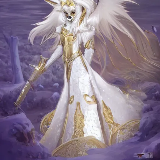 Prompt: commissioned full body portrait of a female anthro furry wolf headed princess fursona with white hair wearing a white and gold armored dress in a white and gold palace, by Wlop and jerry park, artstation, extremely detailed