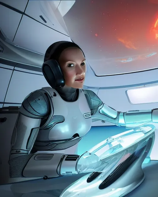 Prompt: A female Android extraterrestrial pilot in the control seat while flying the spacecraft. A viewing window in Background with a three-dimensional computer hologram showing as a reflection, insanely detailed, digital art