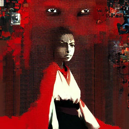 Image similar to a nostalgic latina in red monk habit is being rasterized into pixels, she is surrounded by digital birds, the background is an infinite virtual world, oil on canvas by yoji shinkawa, esao andrews, dave mckean and stina persson