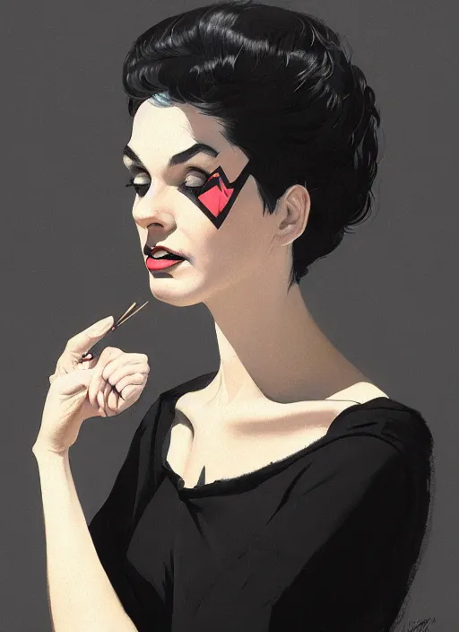 Image similar to portrait of a woman with a crooked nose and a confident expression, 1 9 6 0 s, black clothes, punk, funk, intricate, elegant, highly detailed, digital painting, artstation, concept art, smooth, sharp focus, illustration, art by wlop, mars ravelo and greg rutkowski