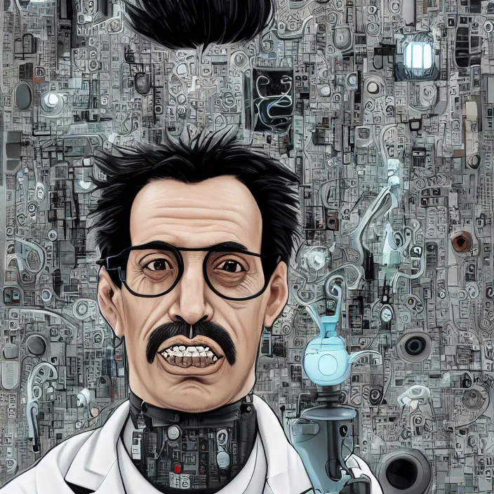 Image similar to A portrait of one! latino mad scientist male with cyborg face looking at the camera with a queasy smile!!, wearing a black suit under a white laboratory coat, in a mixed style of Botticelli and Æon Flux!!, inspired by Simon Stålenhag paintings, and cyberpunk!!!, stunningly detailed, stunning inking lines, flat colors, 4K photorealistic