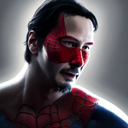 Image similar to Keanu Reeves as spiderman , muscle extremely detailed, fantastic details full face, mouth, trending on artstation, pixiv, cgsociety, hyperdetailed Unreal Engine 4k 8k ultra HD, WLOP