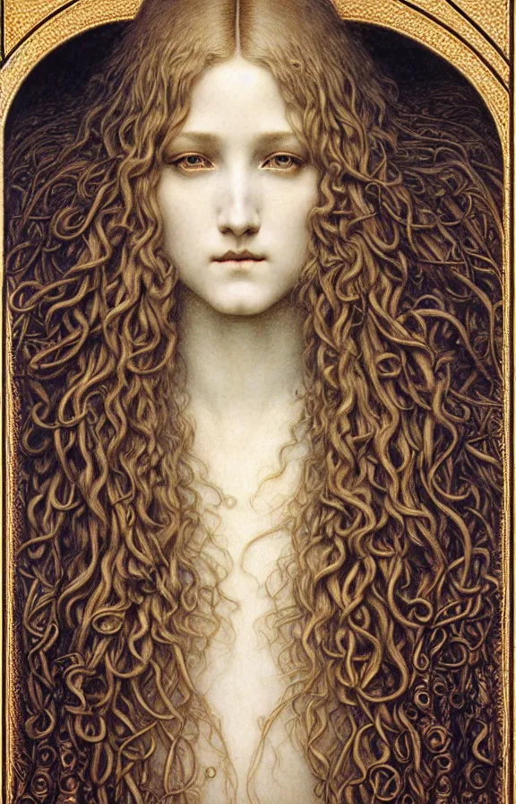 Image similar to detailed realistic beautiful young medieval queen face portrait by jean delville, gustave dore and marco mazzoni, art nouveau, symbolist, visionary, gothic, pre - raphaelite. horizontal symmetry