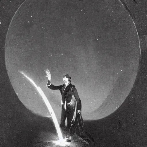 Prompt: 1820's photo from distance of a futuristic man opening a portal to another dimension at night, moody, dark, damage