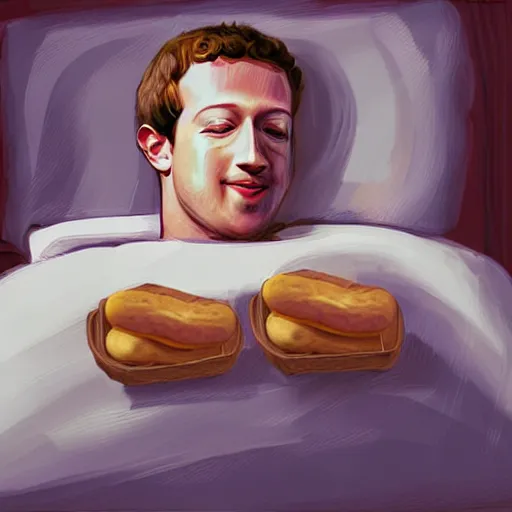 Image similar to mark zuckerberg sleeping in bed with sausages, digital art