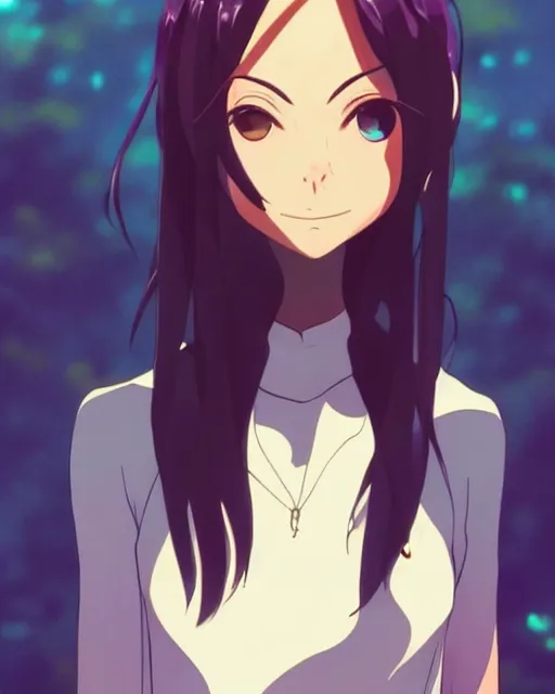 Image similar to style of makoto shinkai, loish : : gorgeous willa holland : : evil witch, swirling black magic : : symmetrical face, symmetrical eyes : : full body pose : : gorgeous black hair : : magic lighting, low spacial lighting : :