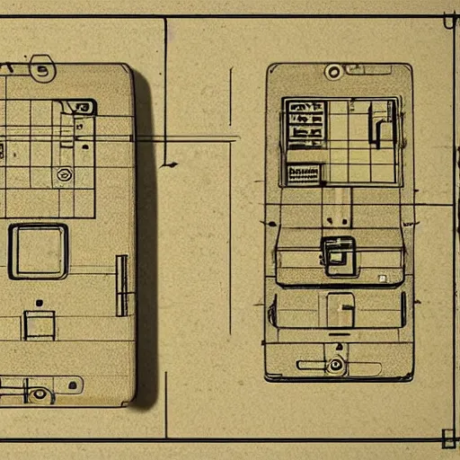Image similar to blueprints of the first phone, illustrated by leonardo da vinci, trending on artstation, 4 k digital art, polycount