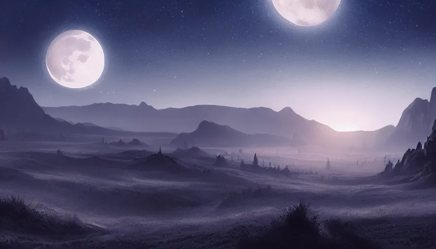 Image similar to a beautiful landscape at night, big moon and stars in the sky, matte painting, dark blue tones, concept art, 4k