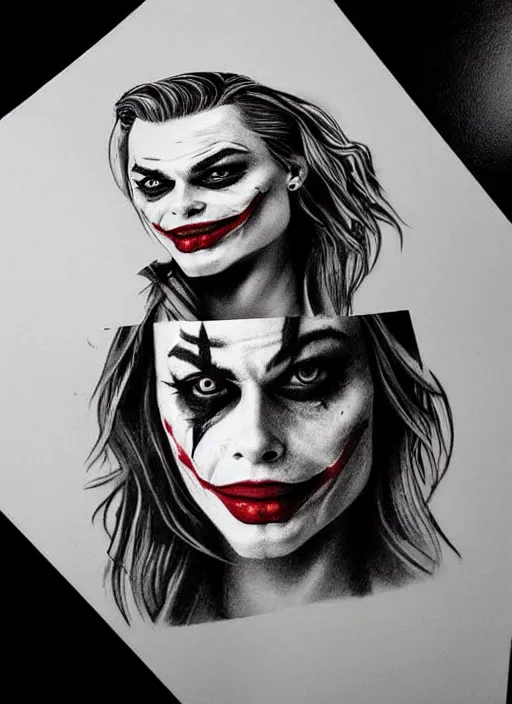 Image similar to tattoo design of margot robbie with joker makeup, ace card, in the style of da ink, realistic face, black and white, realism tattoo, hyper realistic, highly detailed