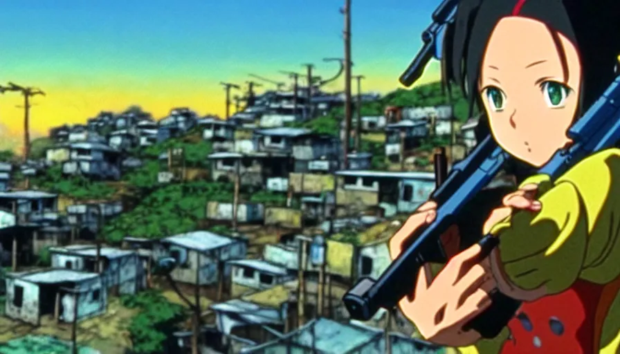 Image similar to 8 k screencap of a girl with a gun on a favela anime, by hayao miyazaki, studio ghibli, favela background extremely high quality artwork