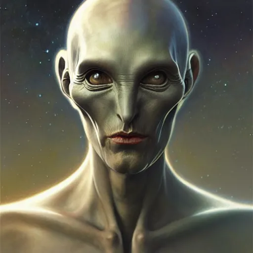 Image similar to grey alien, friendly peaceful, heroic lighting, sci-fi, intricate, elegant, highly detailed, lifelike, photorealistic, digital painting, artstation, illustration, concept art, smooth, sharp focus, art by John Collier and Albert Aublet and Krenz Cushart and Artem Demura and Alphonse Mucha