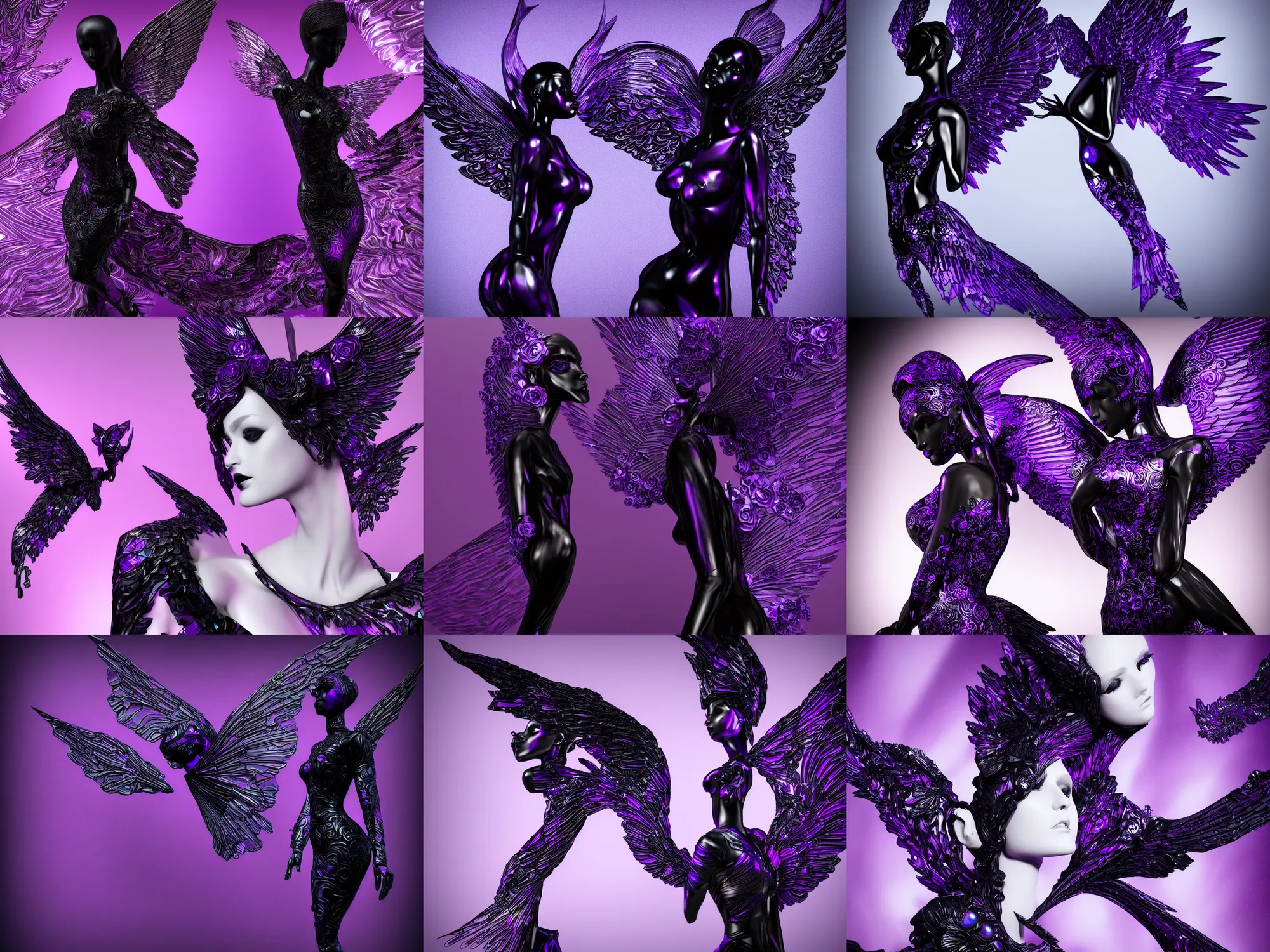 Prompt: a beautiful purple and black 3 d geometrically printed mannequin with angel wings in the style of android jones, chrome roses dripping black iridescent liquid, winged victory!!!, moody, dramatic, introspective, 4 k, trending on artstation, photorealistic, volumetric lighting, octane render