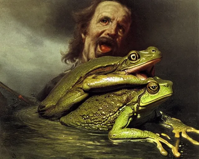 Image similar to gigantic monster frog's head above water of pond holding man with his tongue by andreas achenbach