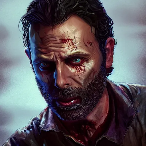 Prompt: rick grimes, zombie, full body shot, portrait, medieval, vivid colors, sharp focus, digital art, Hyper-realistic, 4K, Unreal Engine, Highly Detailed, HD, Dramatic Lighting by Brom, trending on Artstation