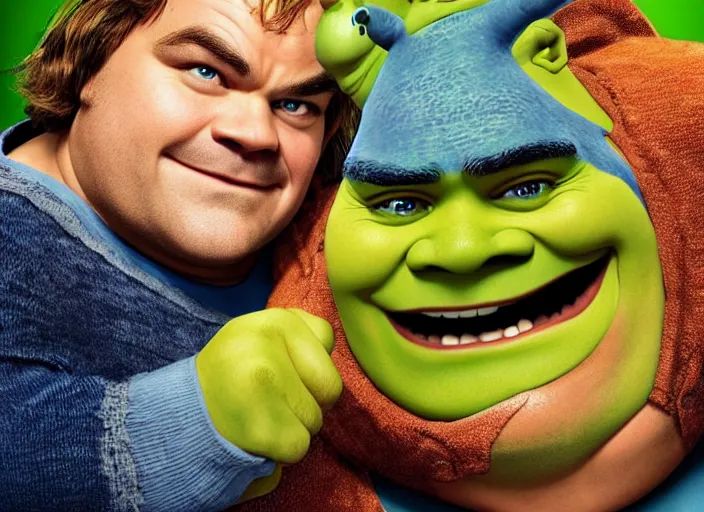 Prompt: movie poster of jack black playing shrek, photorealistic, studio photograph, detailed