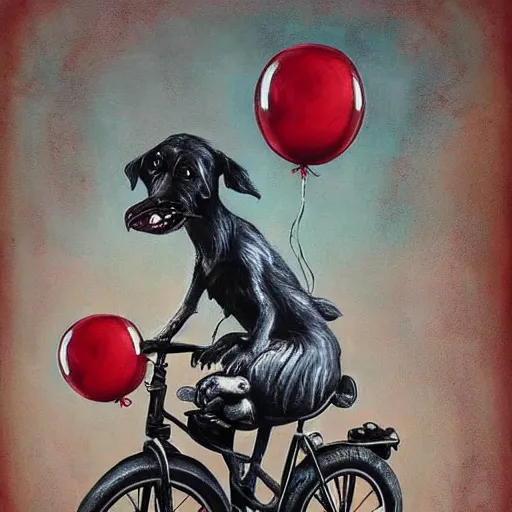 Prompt: grunge painting of a dog riding a bike with a wide smile and a red balloon by chris leib, loony toons style, pennywise style, corpse bride style, horror theme, detailed, elegant, intricate