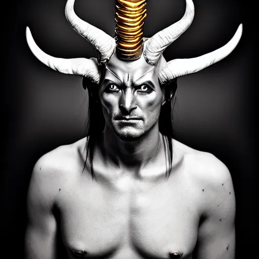 Prompt: photorealistic, iso - 4 0 0, canon eos 5 d mark iv, shot on 7 0 mm, portrait of male archangel bellringer form lexx by lee jeffries and platon silveed skin, flame halo ring over head, demonic, horns, fangs, nd 4, perfect studio lighting