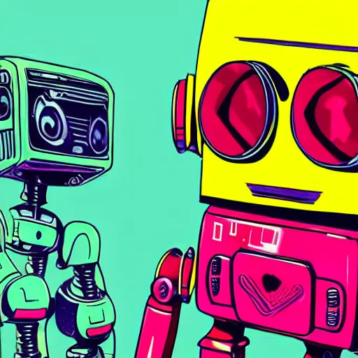 Prompt: robots need love too + cute cyberpunk street hustler mech-robot wearing walkman + fuchsia colored paint oozing from mouth + bolts + hydraulic appendages + cool street style + relaxed pose + center image + Jamie Hewlett style + moebius style + pastel color style + cel-shaded