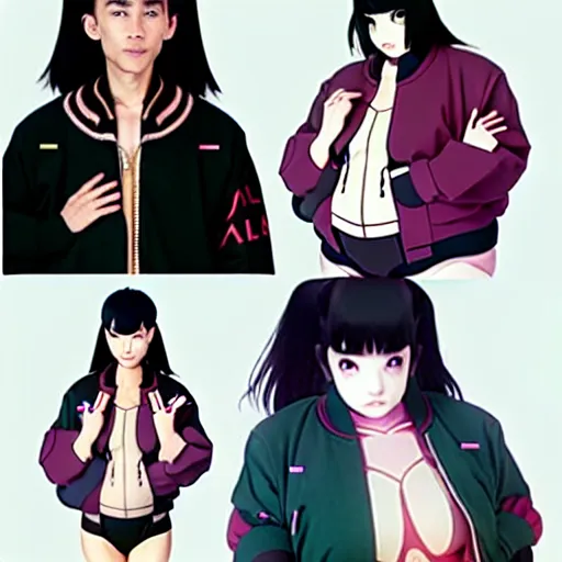 Image similar to a beautiful plus sized model japanese natalie portman, alluring, wearing oversized mayan bomber jacket and leotard with overalls, bulky poofy bomber jacket with mayan patterns, aztec street fashion, gapmoe yandere grimdark, trending on pixiv fanbox, painted by greg rutkowski makoto shinkai takashi takeuchi studio ghibli, akihiko yoshida